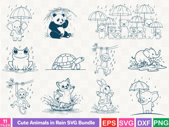 Cute Animals in Rain SVG Graphics for Brand Illustrations
